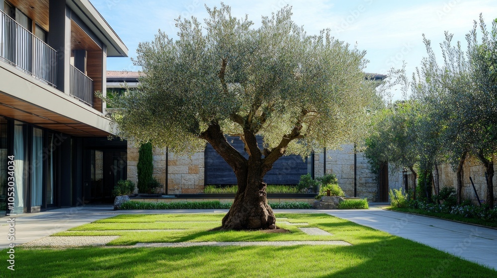 An olive tree growing in the center of a grassy garden area, serving as the focal point of a modern luxury hotel lobby. Open space on the bottom for text or design. An olive tree growing in the center of a grassy garden area, serving as the focal point of a modern luxury hotel lobby. Open space on the bottom for text or design.