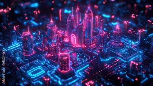 A futuristic cityscape rendered in neon pink and blue lights, resembling a circuit board.