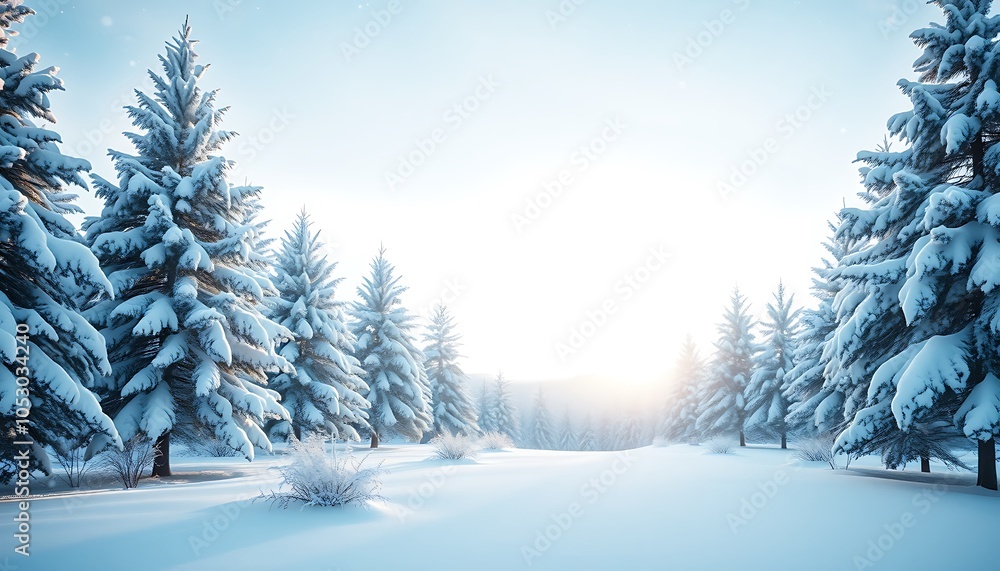 Fototapeta premium A peaceful winter landscape with snow-covered pine trees, a gentle snowfall, and a light blue sky.