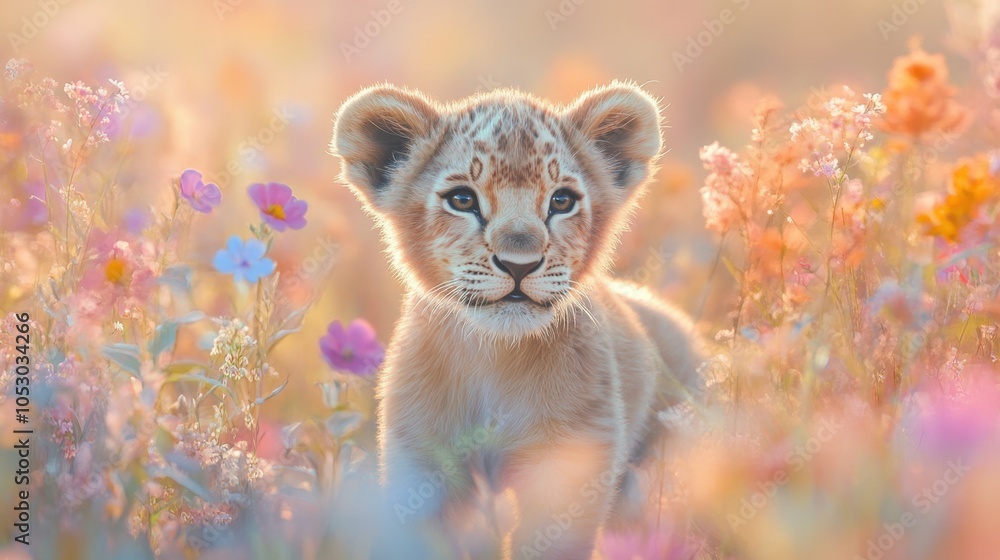 Obraz premium Adorable lion cub with soft mane exploring a pastel savannah, playful yet serene among wildflowers and grass