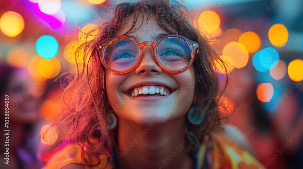 Joyful girl smiling with colorful lights in the background. Joyful girl smiling with colorful lights in the background.
