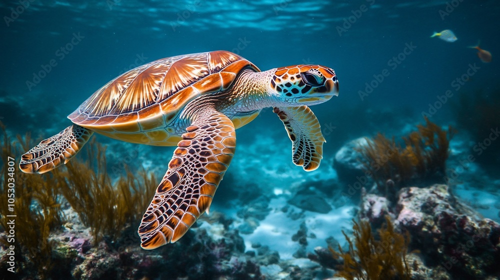 Obraz premium A green sea turtle swims gracefully through a vibrant coral reef.