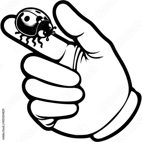 Spotted ladybug landed on finger of caring ecologist in monochrome. Simple minimalistic vector in black ink drawing on transparent background