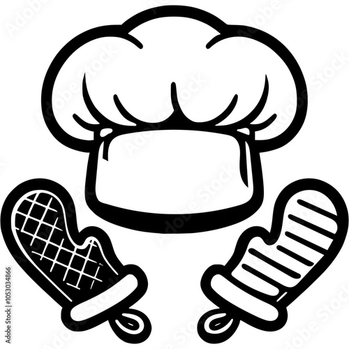 Chef hat and oven mitts in monochrome. Simple minimalistic vector in black ink drawing on transparent background