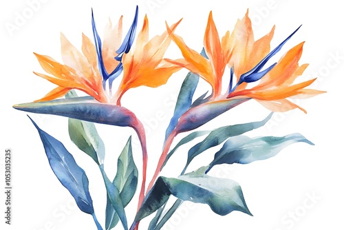 Watercolor Bird of Paradise Flowers photo