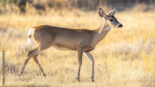 Eld's Deer gracefully walking in open fields, captured in soft natural lighting. photo