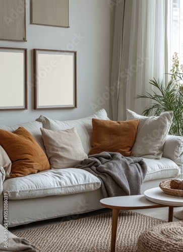 Cozy living room with a white sofa, a grey throw blanket, and a wooden coffee table.