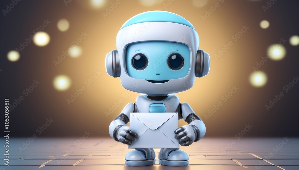 A cheerful robot holding a letter, illuminated by a soft glow, evokes a sense of communication and technology. A cheerful robot holding a letter, illuminated by a soft glow, evokes a sense of communication and technology.