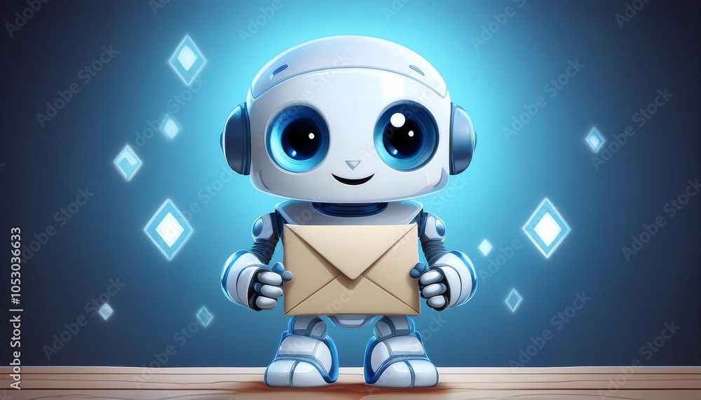 A cheerful robot holding an envelope, with a glowing background and sparkling elements, conveying a sense of communication and friendliness. A cheerful robot holding an envelope, with a glowing background and sparkling elements, conveying a sense of communication and friendliness.