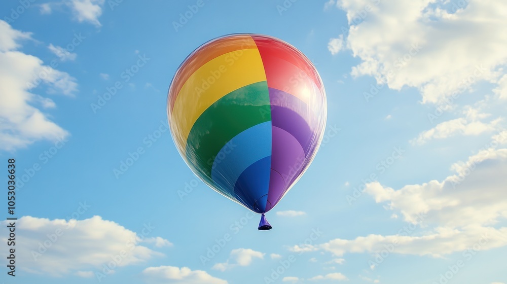 Fototapeta premium Floating rainbow balloon 3D - A floating, 3D-rendered rainbow balloon with glossy finish, suspended in air.