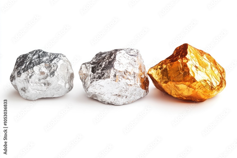 gold silver and copper nuggets isolated on white background gold silver and copper nuggets isolated on white background