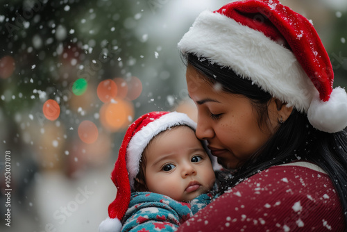 hispanic woman cuddling her child in santa hat