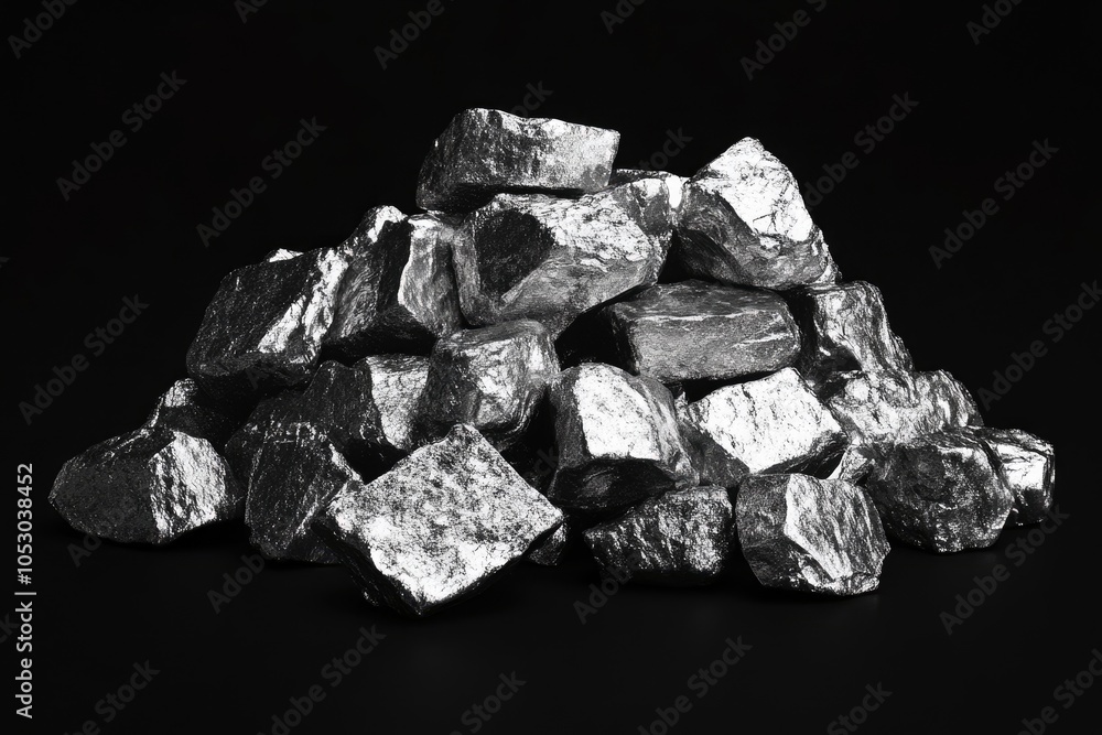Heap of silver nuggets isolated on black background close up Heap of silver nuggets isolated on black background close up