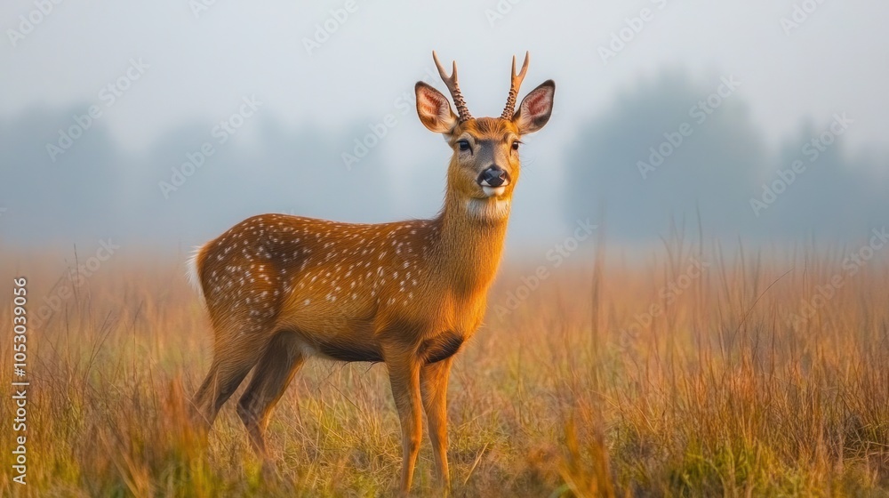 Fototapeta premium Hog Deer in a misty grassland, calm and composed stance under early morning light.