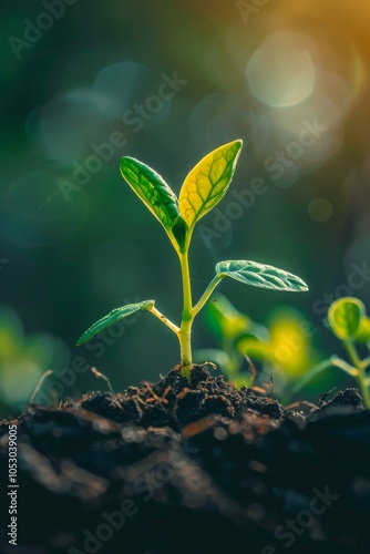 Young sprout growing in the soil cad. selective focus. Generative AI,