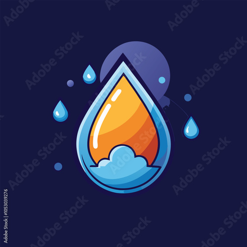 A stylized illustration of a water drop with a cloud inside, surrounded by other drops.