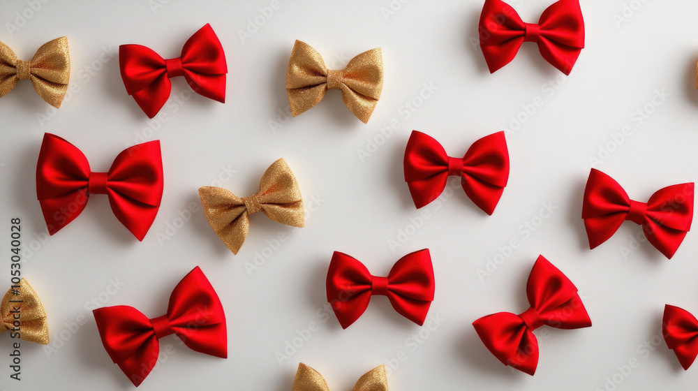 Bright red and gold bows arranged in playful pattern on light background, perfect for festive decorations or gift wrapping. vibrant colors create cheerful and celebratory atmosphere Bright red and gold bows arranged in playful pattern on light background, perfect for festive decorations or gift wrapping. vibrant colors create cheerful and celebratory atmosphere