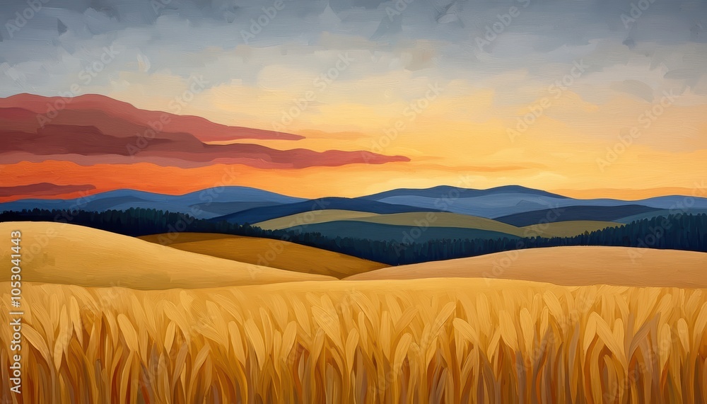 A beautiful landscape depicting golden fields and rolling hills under a colorful sunset sky. A beautiful landscape depicting golden fields and rolling hills under a colorful sunset sky.