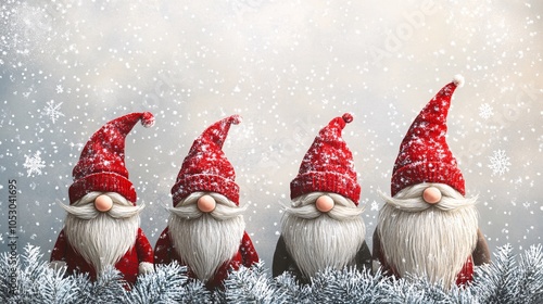 Four charming gnomes with red hats and fluffy beards are lined up, surrounded by a snowy background, evoking a festive winter atmosphere.