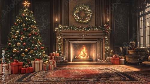 Wallpaper Mural A cozy Christmas scene featuring a beautifully decorated tree, a crackling fireplace, and gifts nestled on an ornate rug. Torontodigital.ca