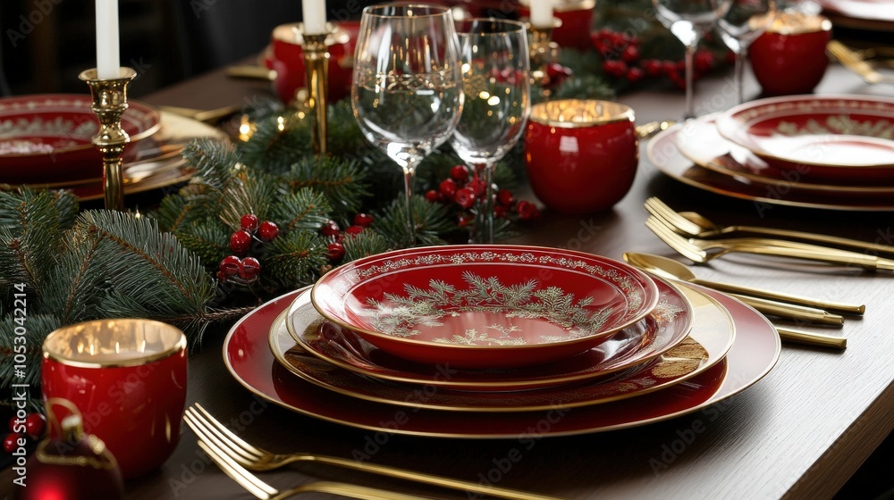 A beautifully set Christmas dinner table, with candles, pine branches A beautifully set Christmas dinner table, with candles, pine branches