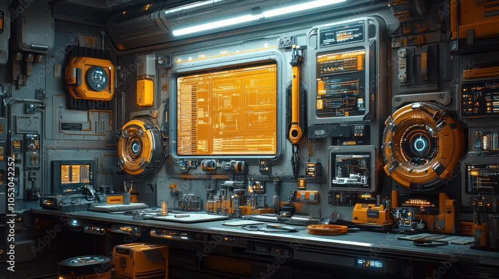 Futuristic control room with orange accents and high-tech displays. Futuristic control room with orange accents and high-tech displays.