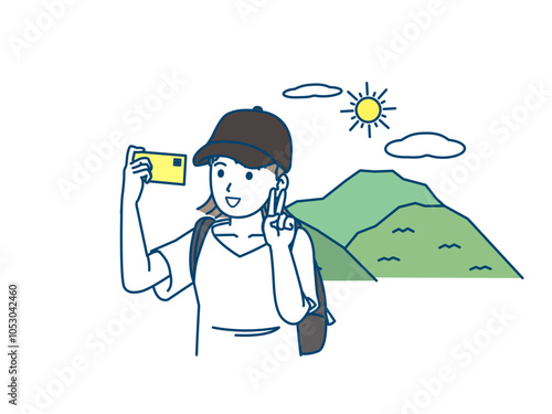 ハイキングや登山、スマホで自撮りする若い女性のイラスト