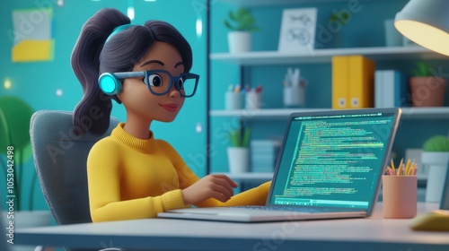 A female programmer in 3D cartoon style, sitting at a desk with a laptop, coding a new