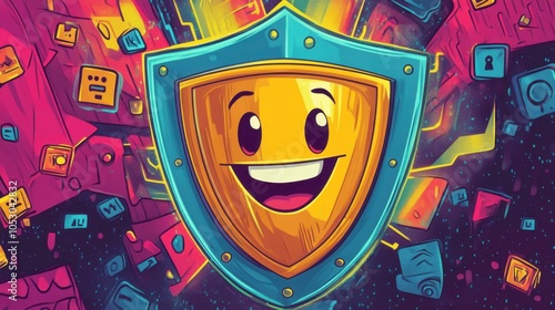 Friendly cartoon shield with a grin, pushing back hacker icons in a colorful background, symbolizing secure data protection