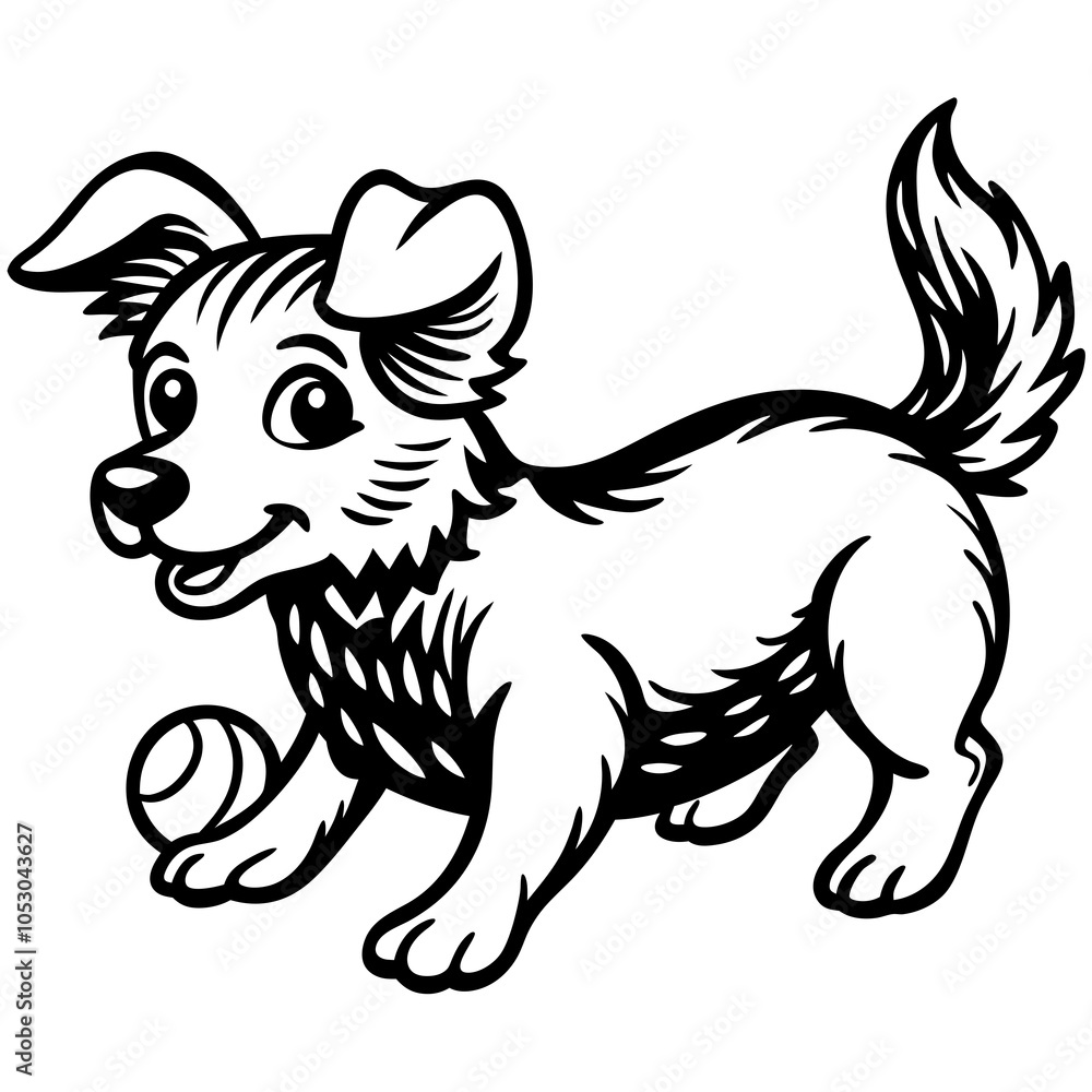 Little dog playing with a ball line art on a white background Little dog playing with a ball line art on a white background