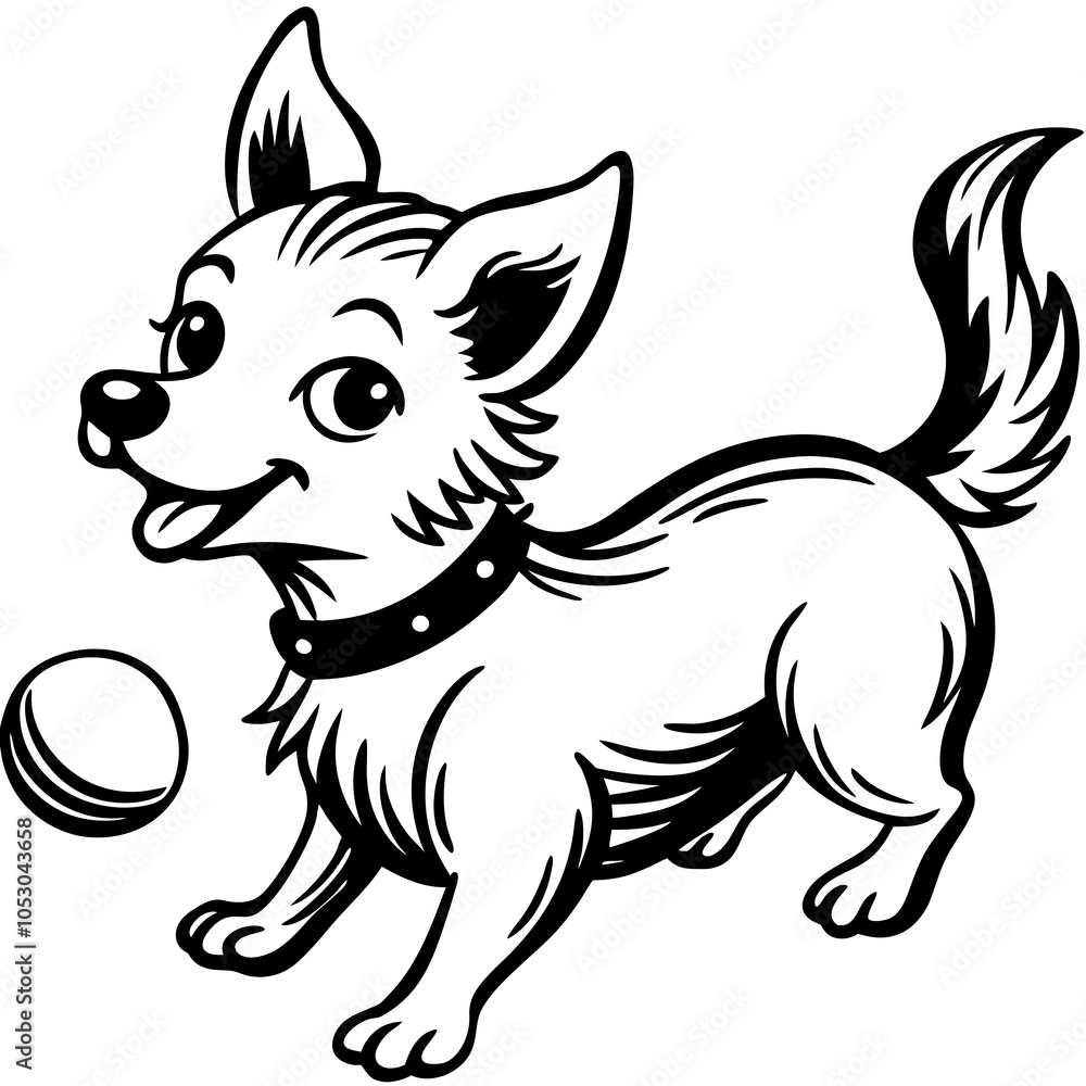 Obraz premium Little dog playing with a ball line art on a white background