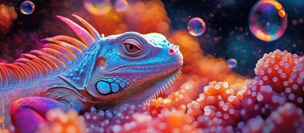 Close-up of a vibrant blue iguana with iridescent scales resting among colorful coral. Close-up of a vibrant blue iguana with iridescent scales resting among colorful coral.