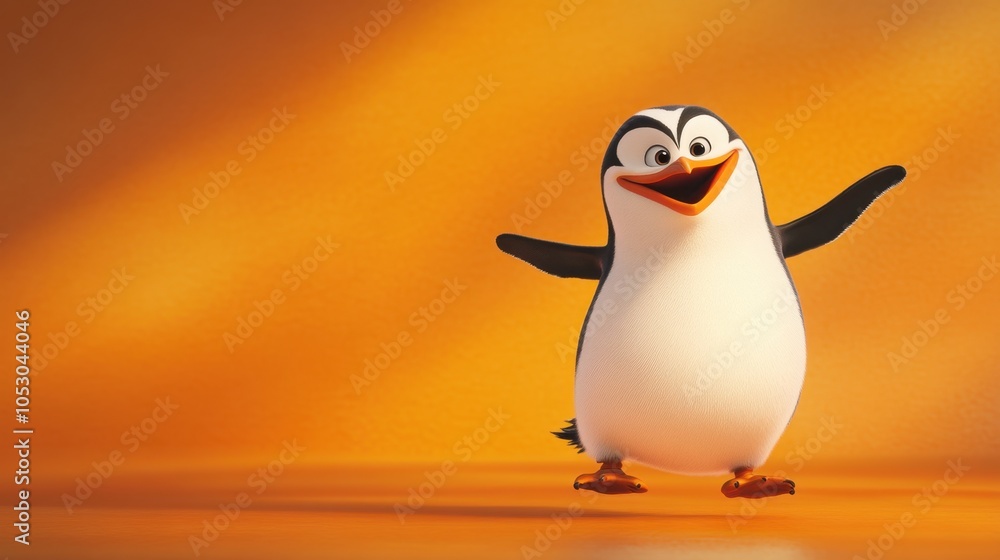 Obraz premium Happy penguin cartoon against a vibrant orange background, playful and cute, designed for light-hearted themes