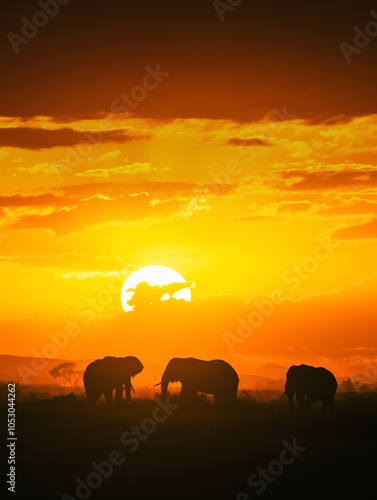 Photography elephants at sunset