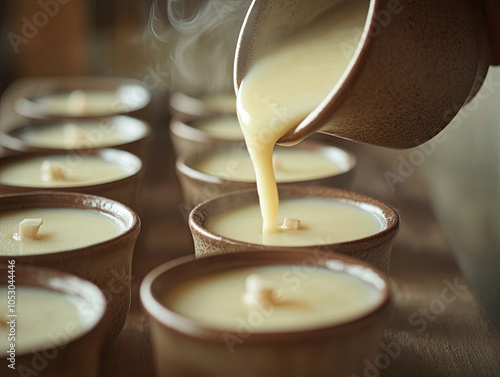 Creamy melted soy wax is being poured into small containers, creating warm and inviting atmosphere. steam rising adds to cozy feel of this candle making process