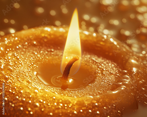 Elegant close up of candle wick glowing in warm light, surrounded by shimmering wax droplets, creating serene and calming atmosphere