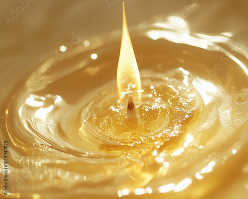 Elegant close up of candle wick dipping into warm, golden liquid, creating serene and calming atmosphere. soft glow of flame reflects beautifully on surface