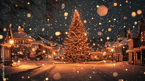 Wallpaper Mural A snowy village at night, with Christmas lights twinkling in the windows and a large Christmas tree in the center Torontodigital.ca