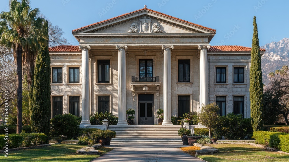 Fototapeta premium A grand, white, neoclassical mansion with columns and a red tile roof.