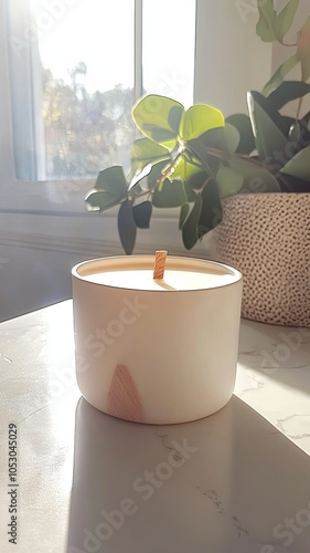 beautifully crafted scented candle sits on table, illuminated by soft sunlight streaming through window. natural elements create serene atmosphere, perfect for relaxation