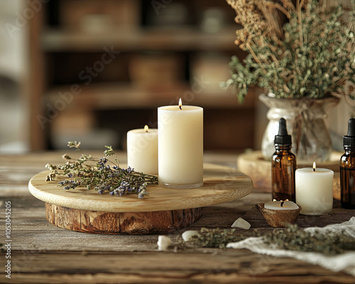 serene workspace featuring candles, herbs, and essential oils creates calming atmosphere. natural elements enhance relaxation and inspire creativity photo