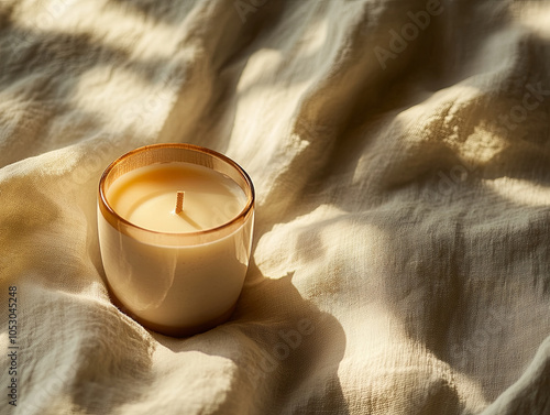 simple minimalist natural candle placed on soft, textured fabric, creating warm and inviting atmosphere. gentle light enhances serene ambiance of scene