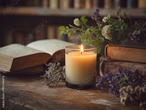 serene candle illuminates cozy reading nook, surrounded by vintage books and fresh herbs, creating warm and inviting atmosphere perfect for relaxation