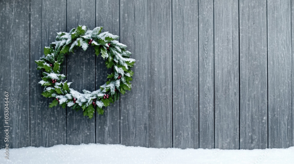 festive wreath adorned with snow and red berries hangs against rustic wooden wall, creating cozy winter atmosphere. scene evokes feelings of warmth and holiday cheer festive wreath adorned with snow and red berries hangs against rustic wooden wall, creating cozy winter atmosphere. scene evokes feelings of warmth and holiday cheer