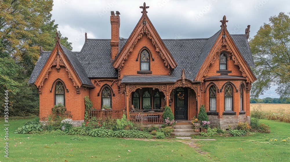 A Brick Gothic Revival House with a Steeply Pitched Roof and Carved Details A Brick Gothic Revival House with a Steeply Pitched Roof and Carved Details