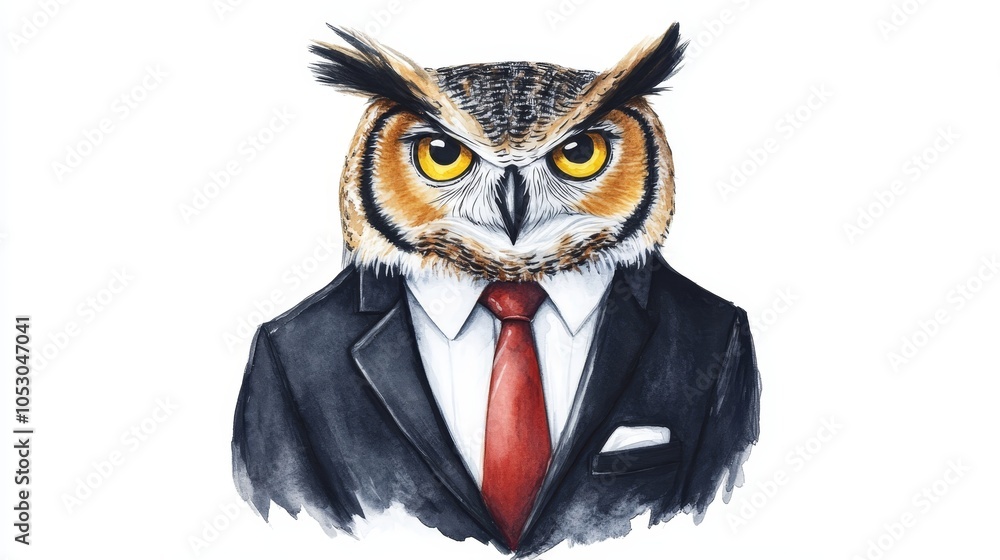 Fototapeta premium Owl in Suit Watercolor Illustration Bird in Formal Wear