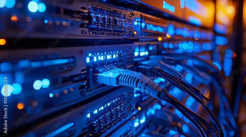 Naklejka premium Network engineering team maintaining servers, LED lights, high quality, macro lens, DSLR, 16:9