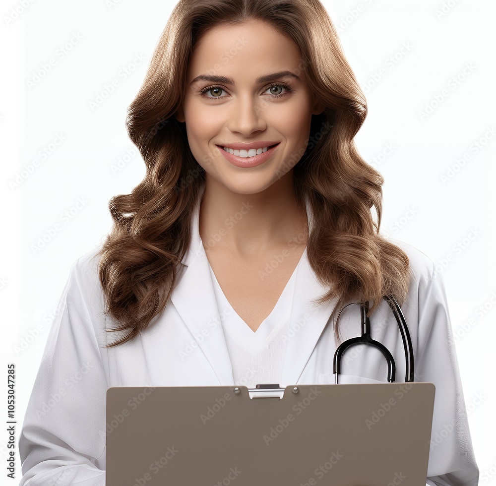 Happy young woman doctor smiling and laughing, isolated on a white background, Close up head shot beautiful female therapist in white uniform posing in clinic office looking at the camera, 