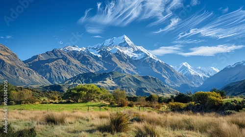 A mountain range with snow-capped peaks under a blue sky with white clouds.