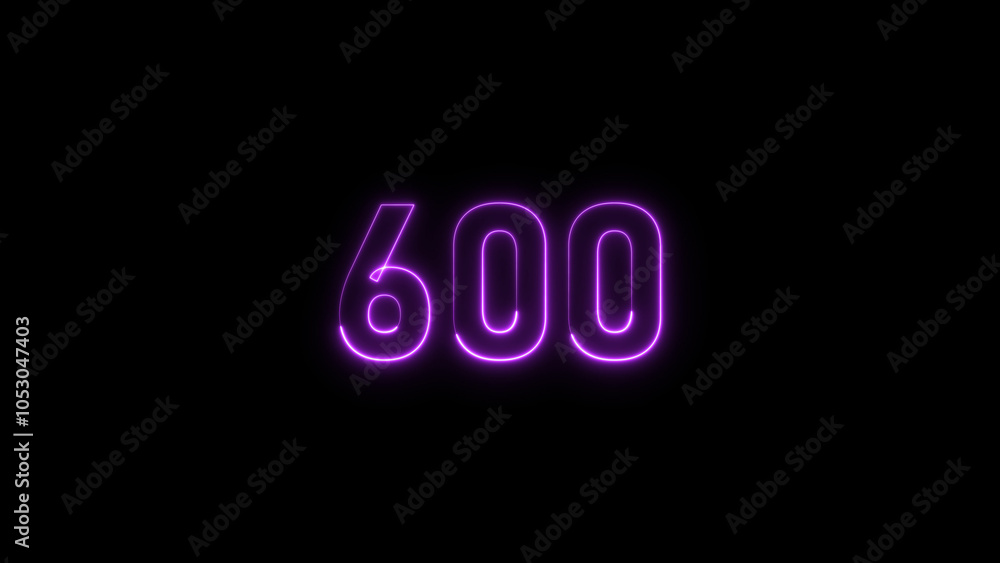 Abstract neon countdown 600 number neon glowing magenta color 4k illustration. Black background 4k illustration. Abstract neon countdown 600 number neon glowing magenta color 4k illustration. Black background 4k illustration.